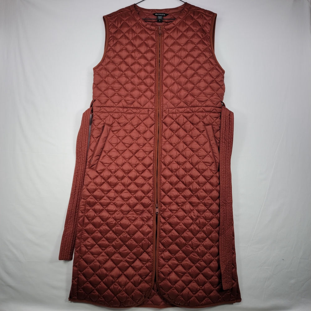 Athleta Quilted Featherless Long Vest Brown With Belt Full Front Zip
